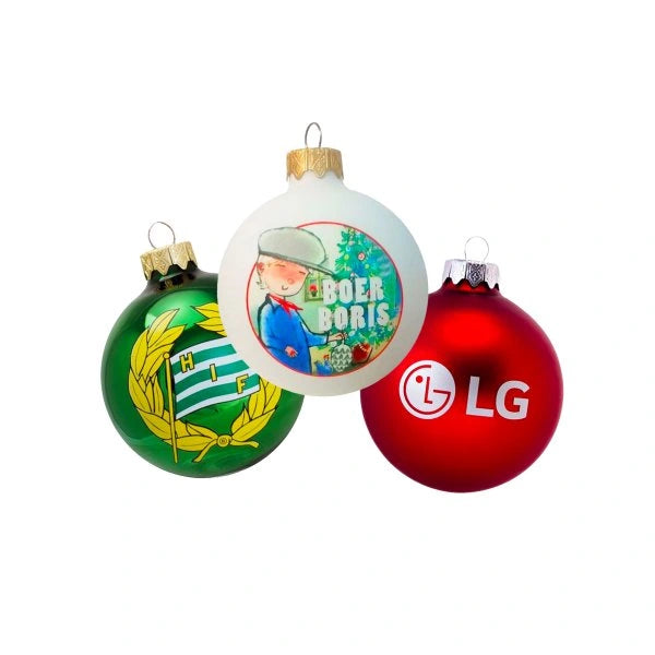 Voorbeelden van glazen kerstballen met fullcolour bedrukking